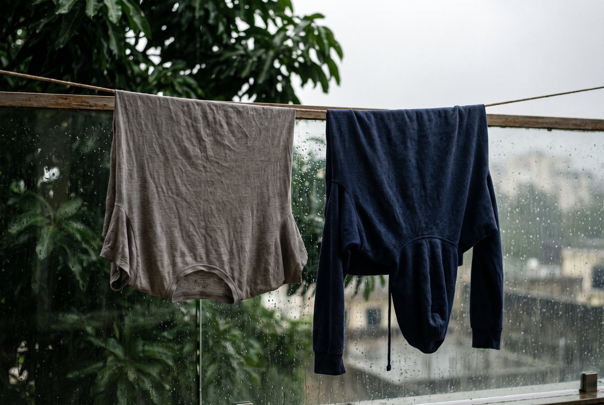 A plain cotton tee and a hoodie hanging on a balcony rail with rain-wet leaves and grey monsoon light behind
