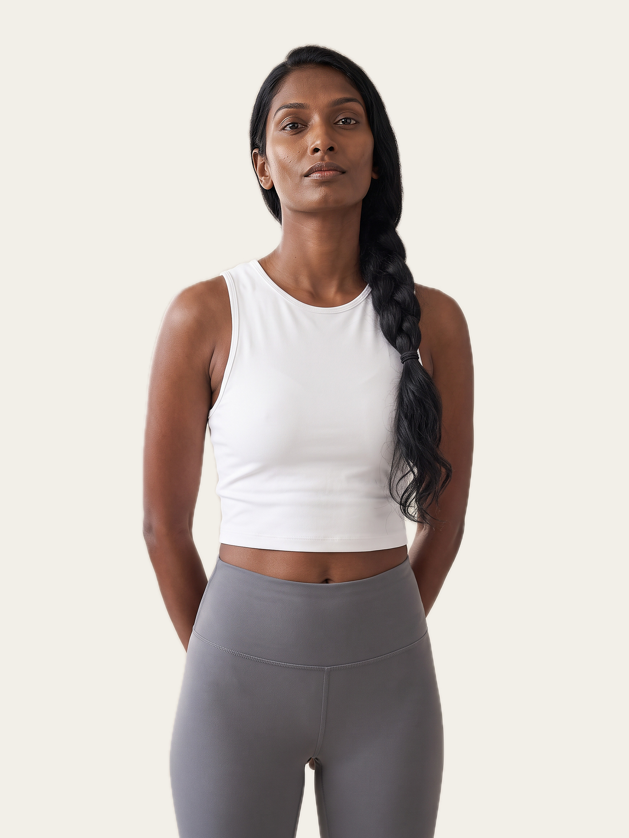MOVE sports crop top in Rui White, with grey leggings