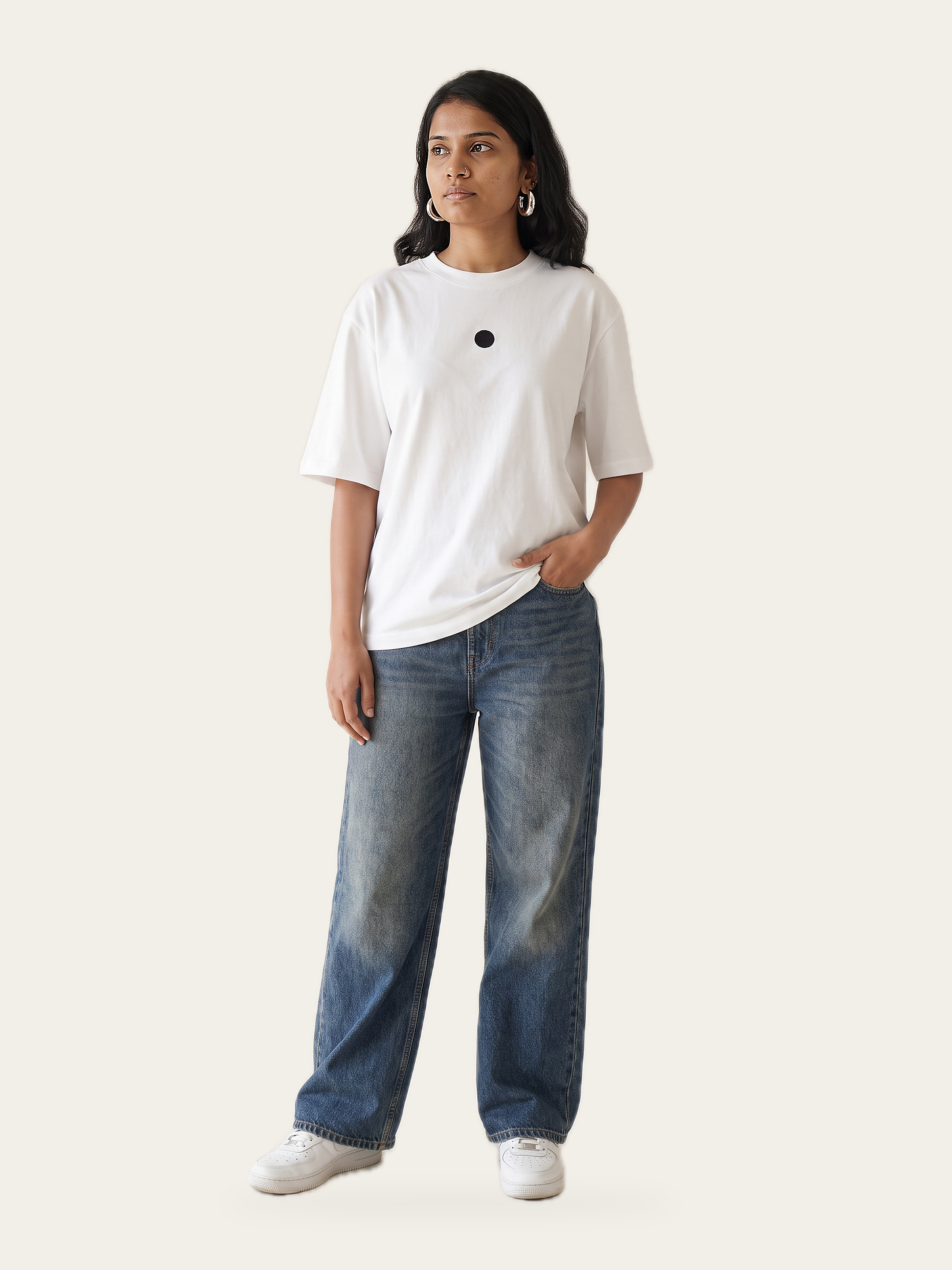 NAKED dot oversized tee in Rui White, front, with the embroidered dot