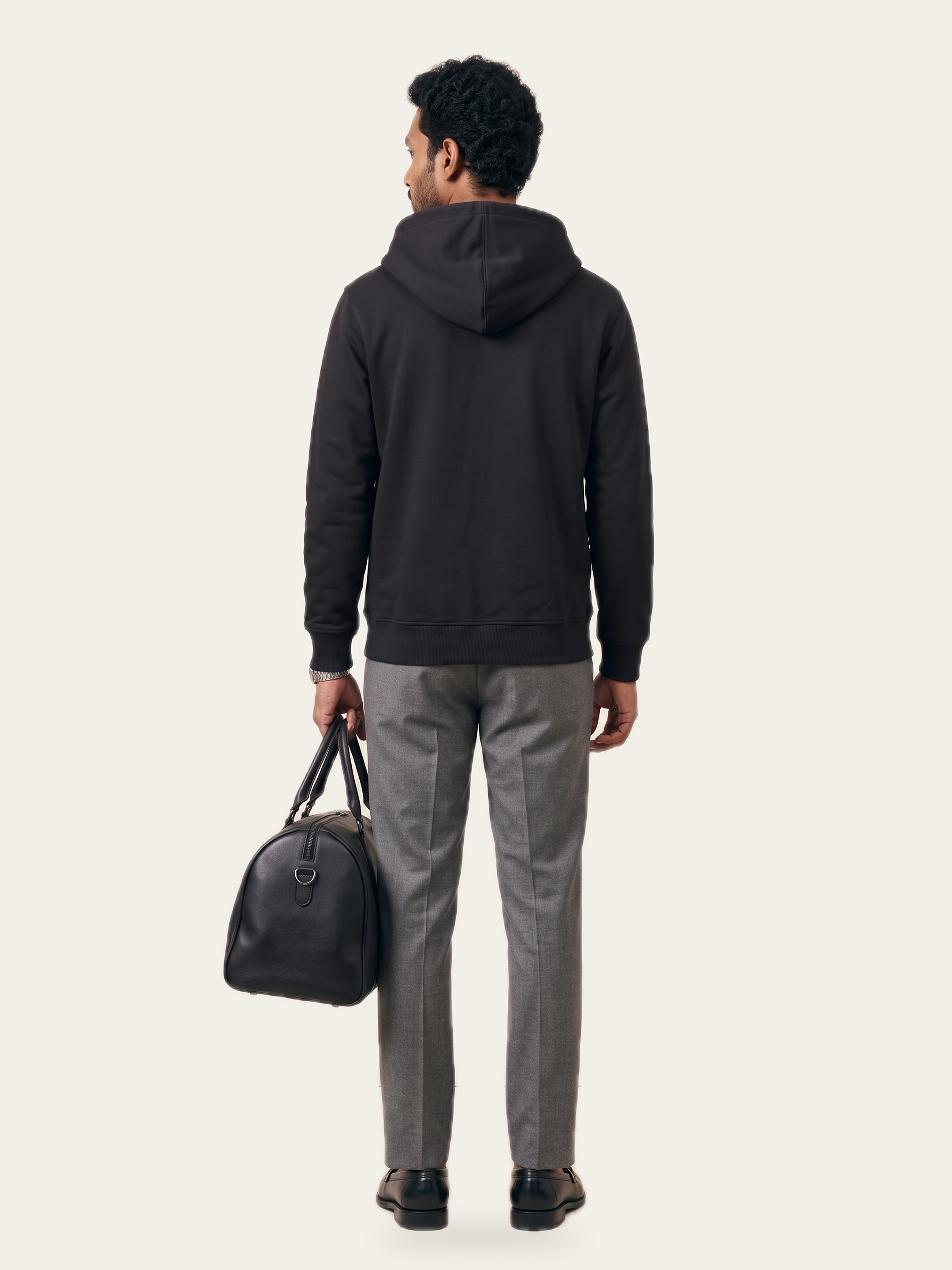 ORIGINAL Zip Hoodie in Noor Black from the back, the middle layer for a hill station trip