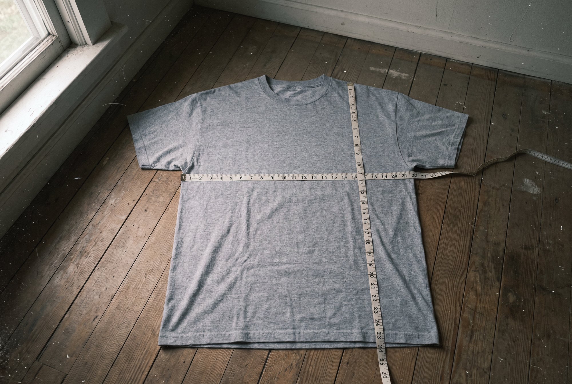 A plain oversized grey tee laid flat on a wooden floor with a tailor's measuring tape stretched across the chest and ano