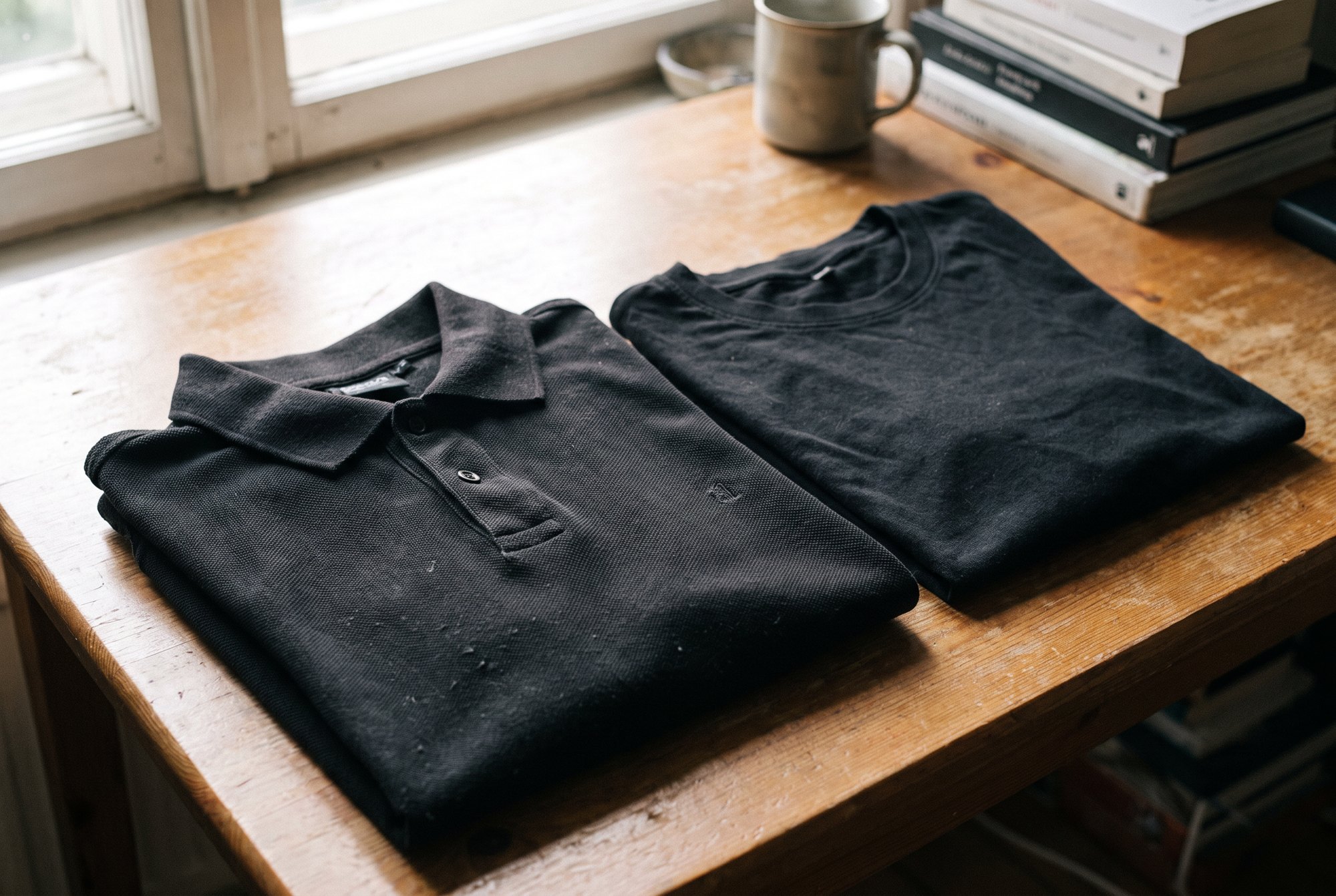 A black piqué polo and a black crew-neck tee folded side by side on a wooden table