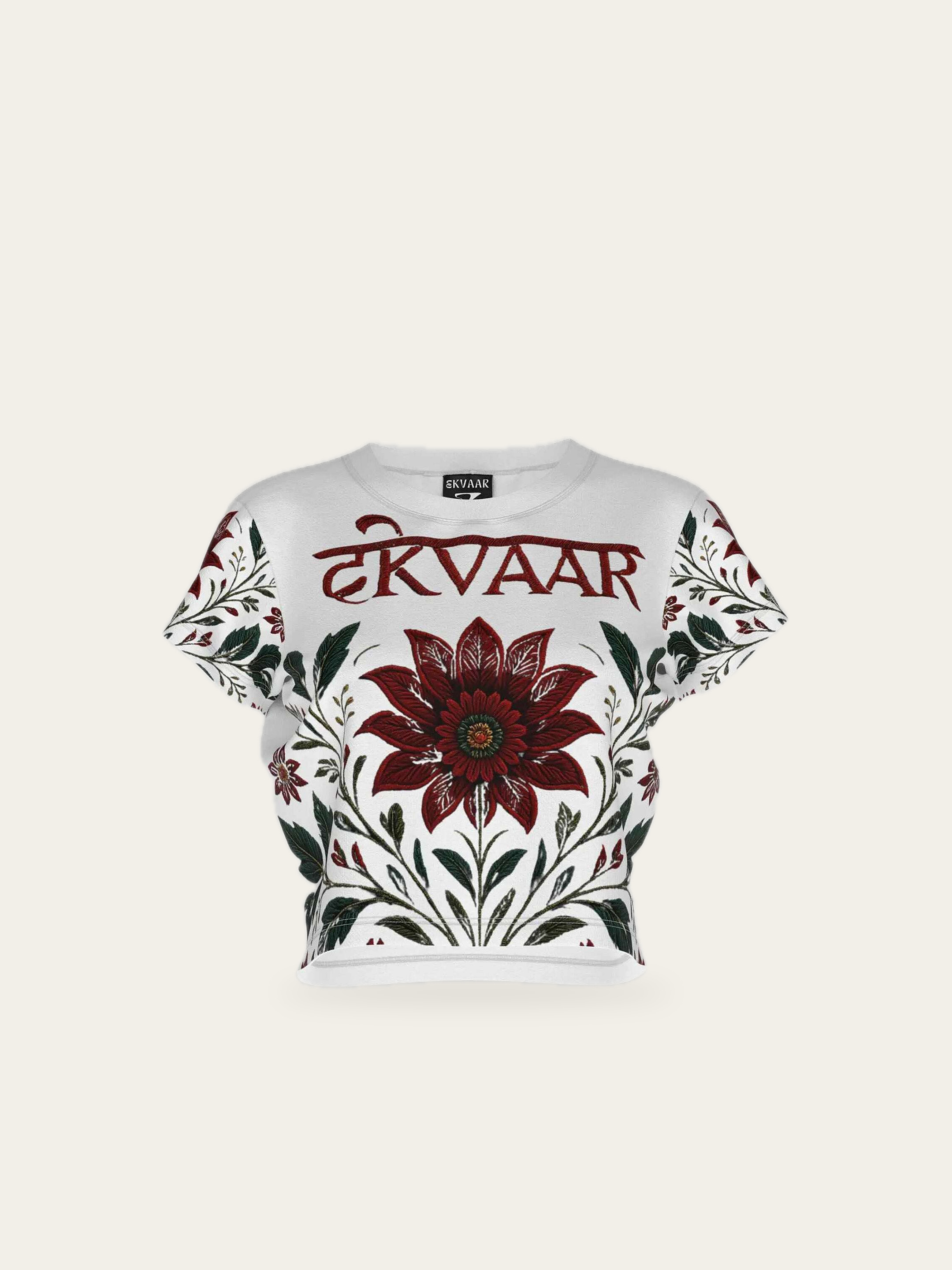 Rui Floral Crop Top in Rui White, 180 GSM spun polyester, a lighter cousin of micro-knit polyester