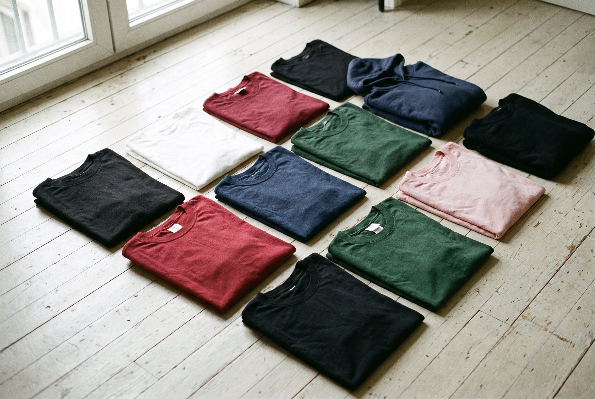 A neat flat-lay of folded tees and a hoodie in black