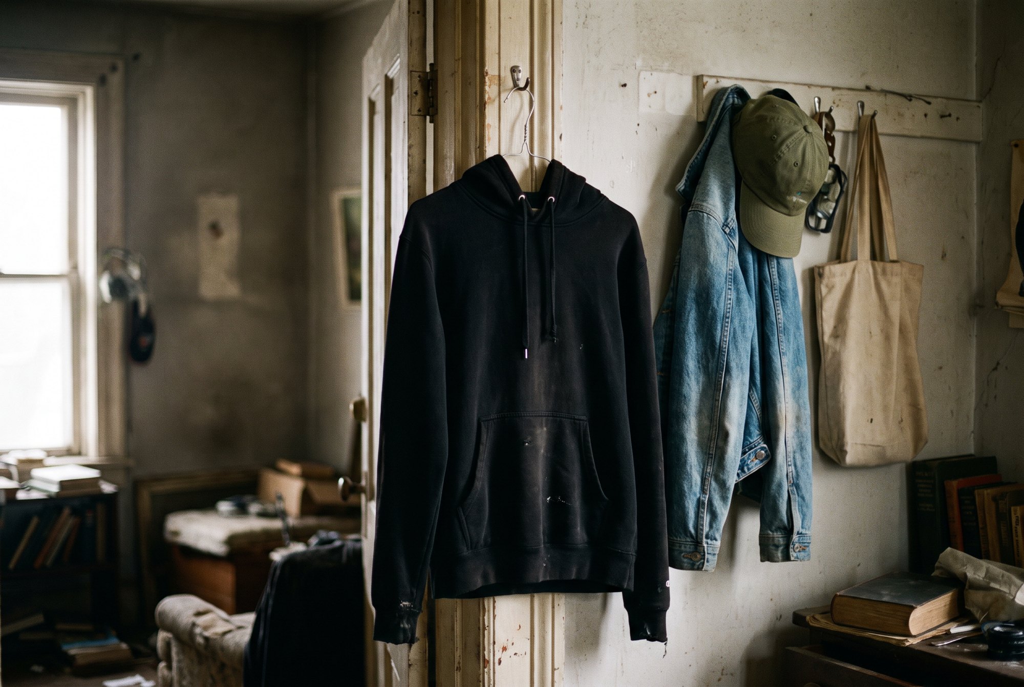 A black hoodie hung on a hook by a door with a denim jacket