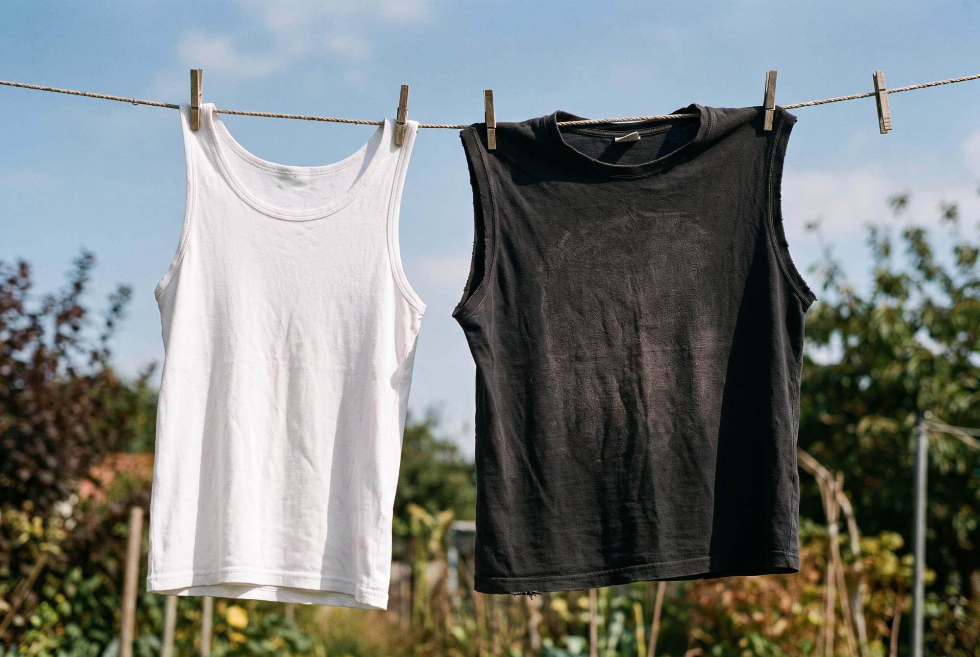 A white tank and a black sleeveless tee hanging on a clothesline in bright summer sunlight