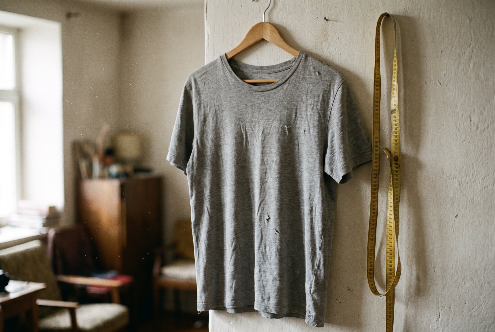 A plain grey tee on a plain wooden hanger against a pale wall with a tape measure draped beside it