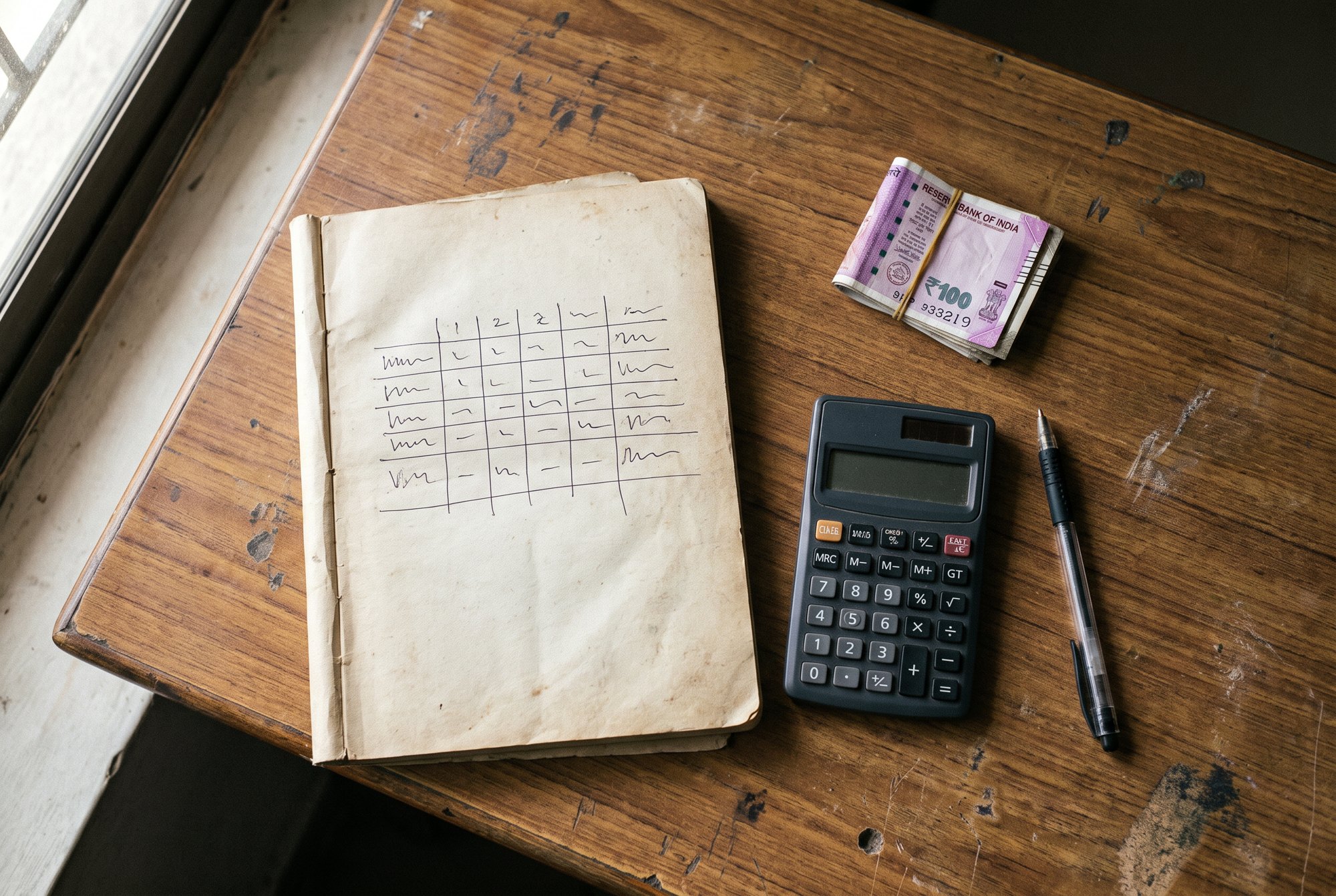 A notebook page with a hand-drawn table (illegible) next to a calculator