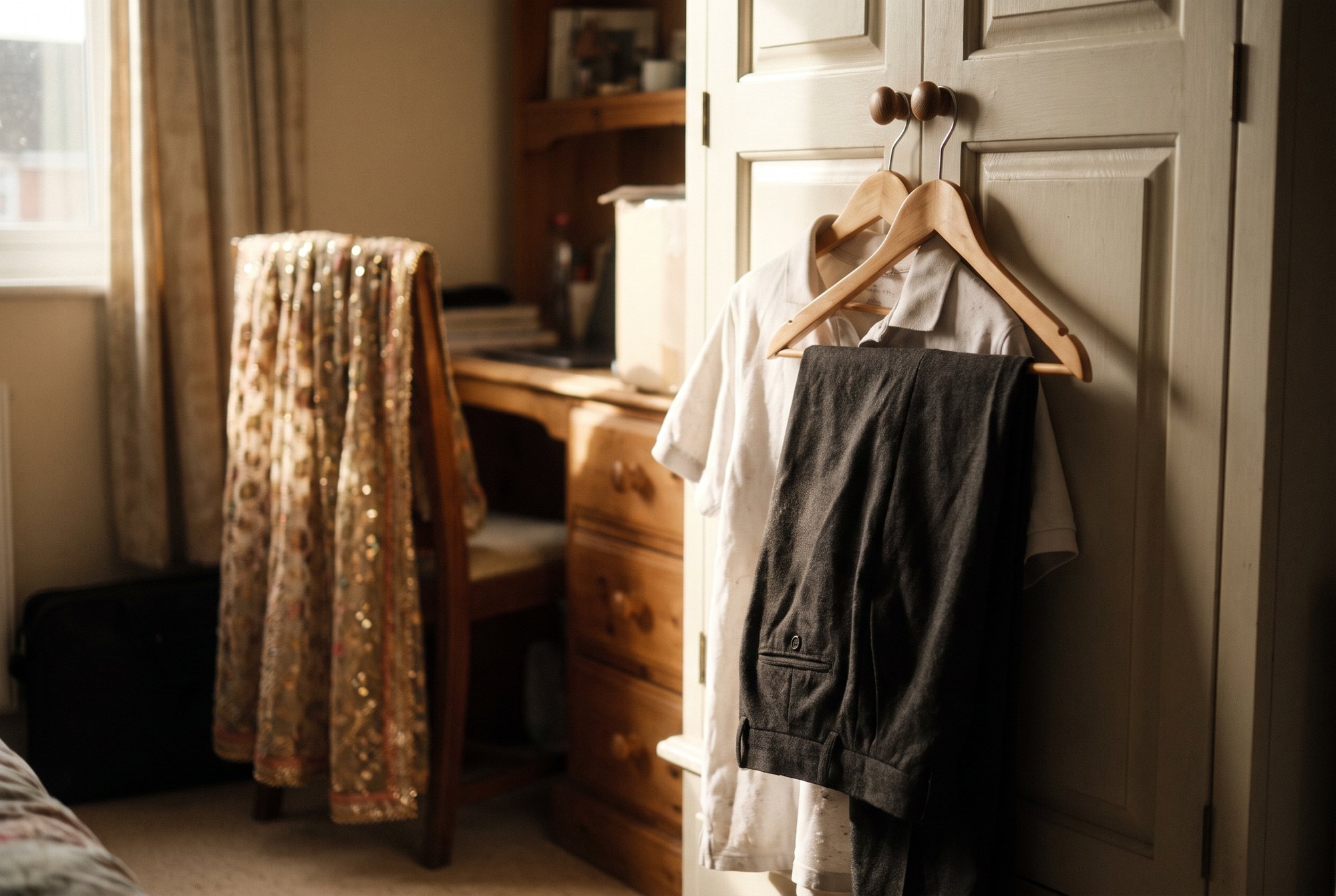 A plain white polo and dark trousers on hangers on a wardrobe door with a sequined festive dupatta in the background