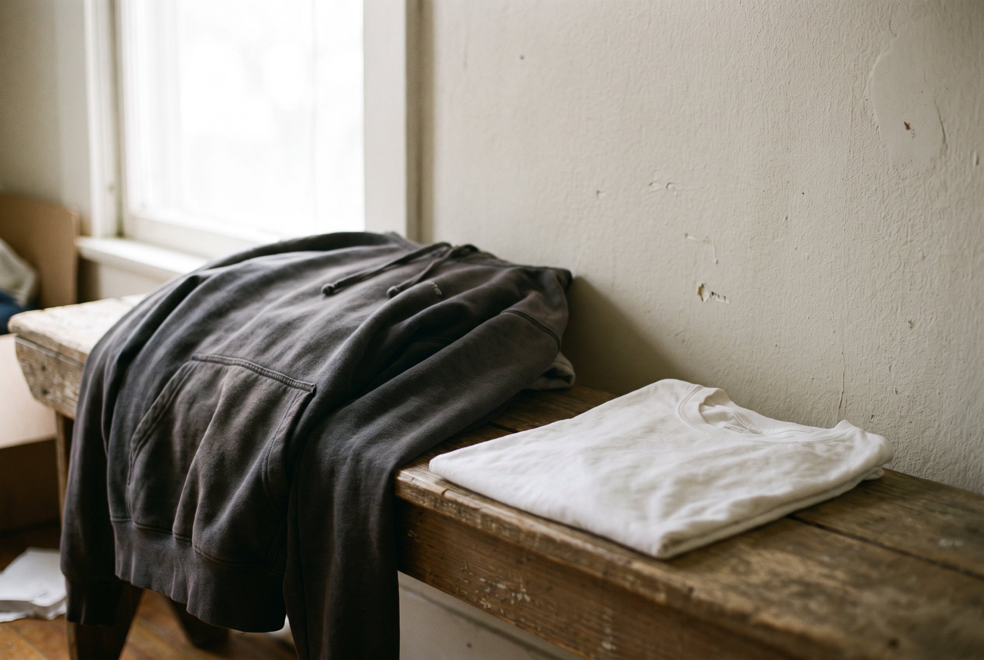 A single plain dark-grey cotton hoodie and a folded white tee resting on a worn wooden bench in a quiet