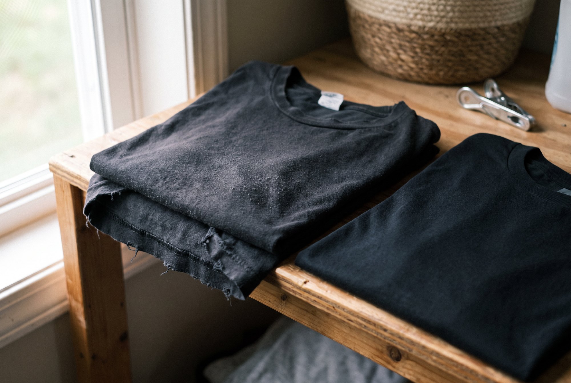 Close-up of a well-worn faded black cotton tee next to a fresh dark one on a laundry-room shelf