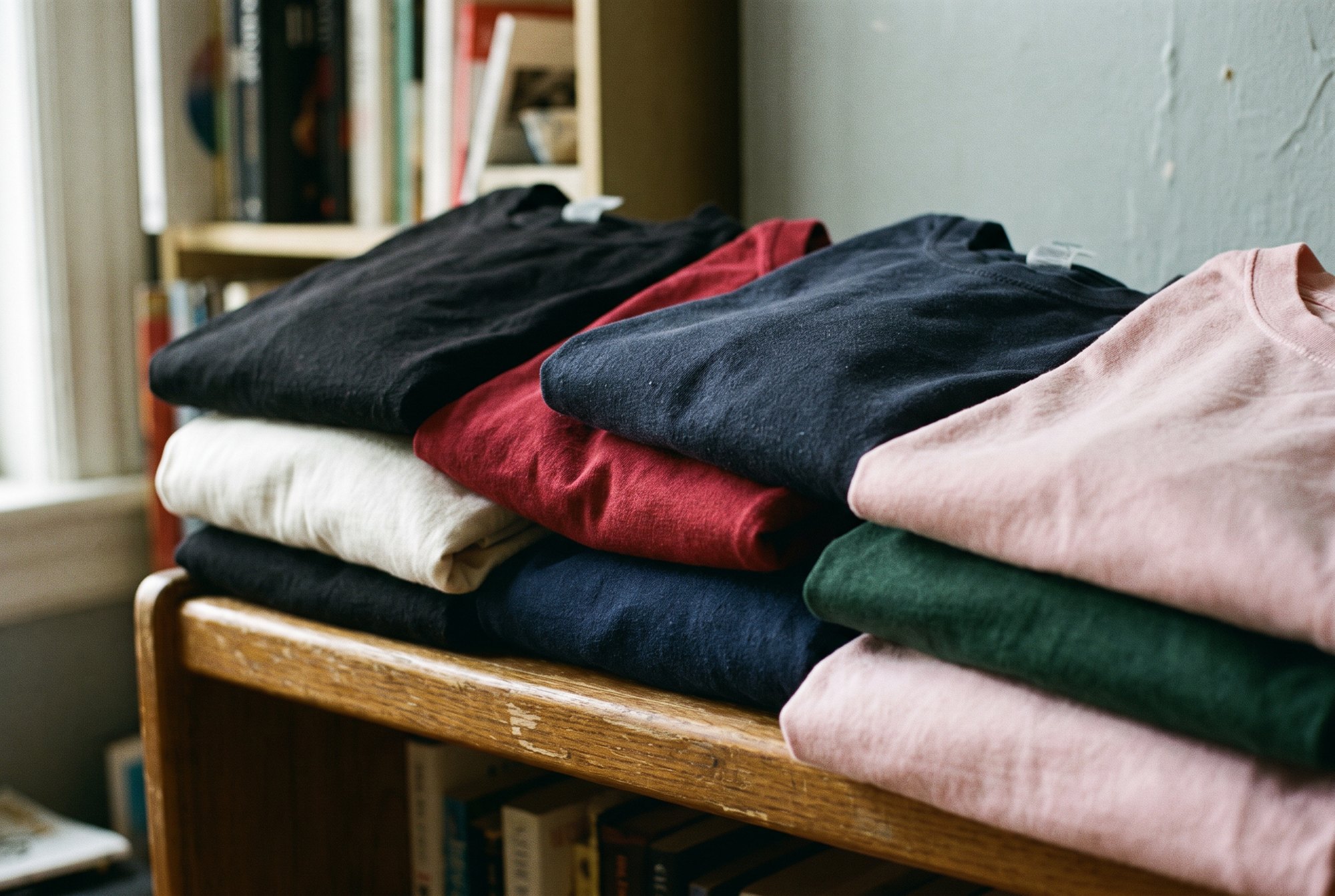 Six plain folded cotton t-shirts stacked in a neat row on a shelf