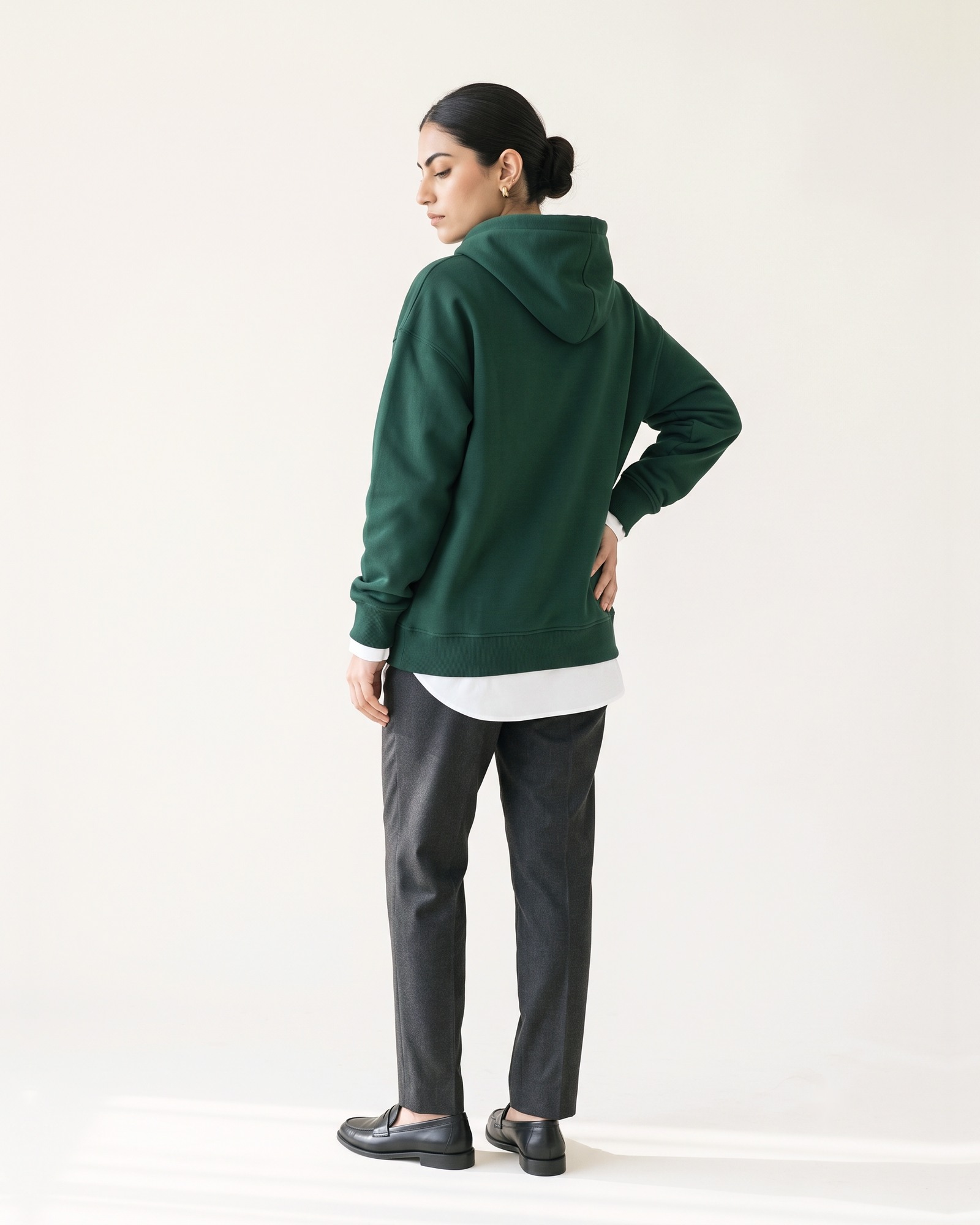 ARCHIVE oversized hoodie in Arav Green, back view, worn by a model