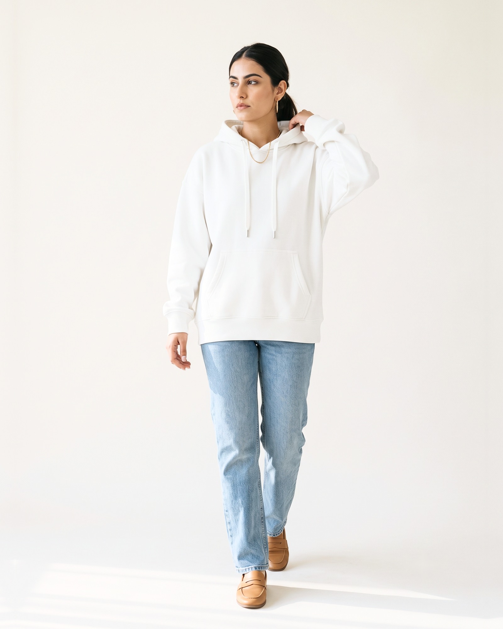 ARCHIVE oversized hoodie in Rui White, worn with light denim