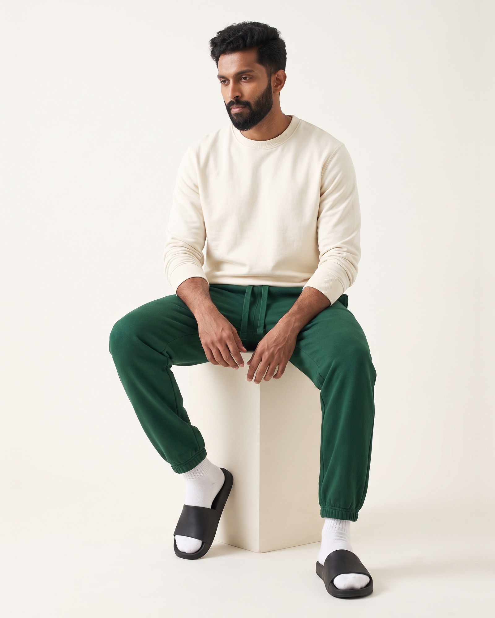 EASE Joggers in Arav Green, seated, comparing EASE Joggers vs EASE Sweatpants