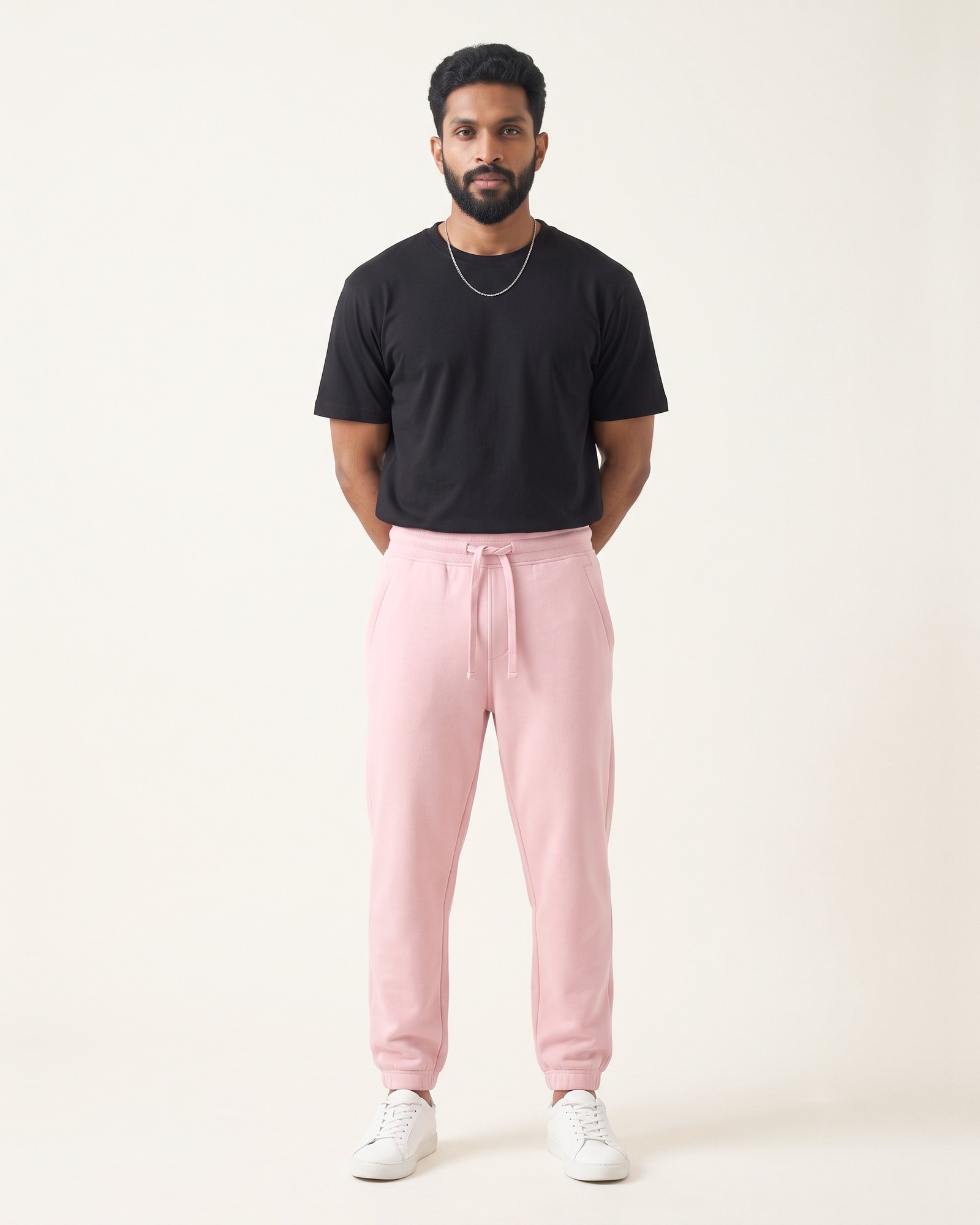 EASE Joggers in Gulabi Pink worn with a plain tee