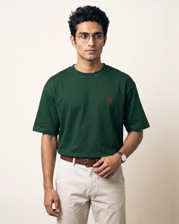 GALTI oversized tee in Arav Green with the single red block on the chest, front