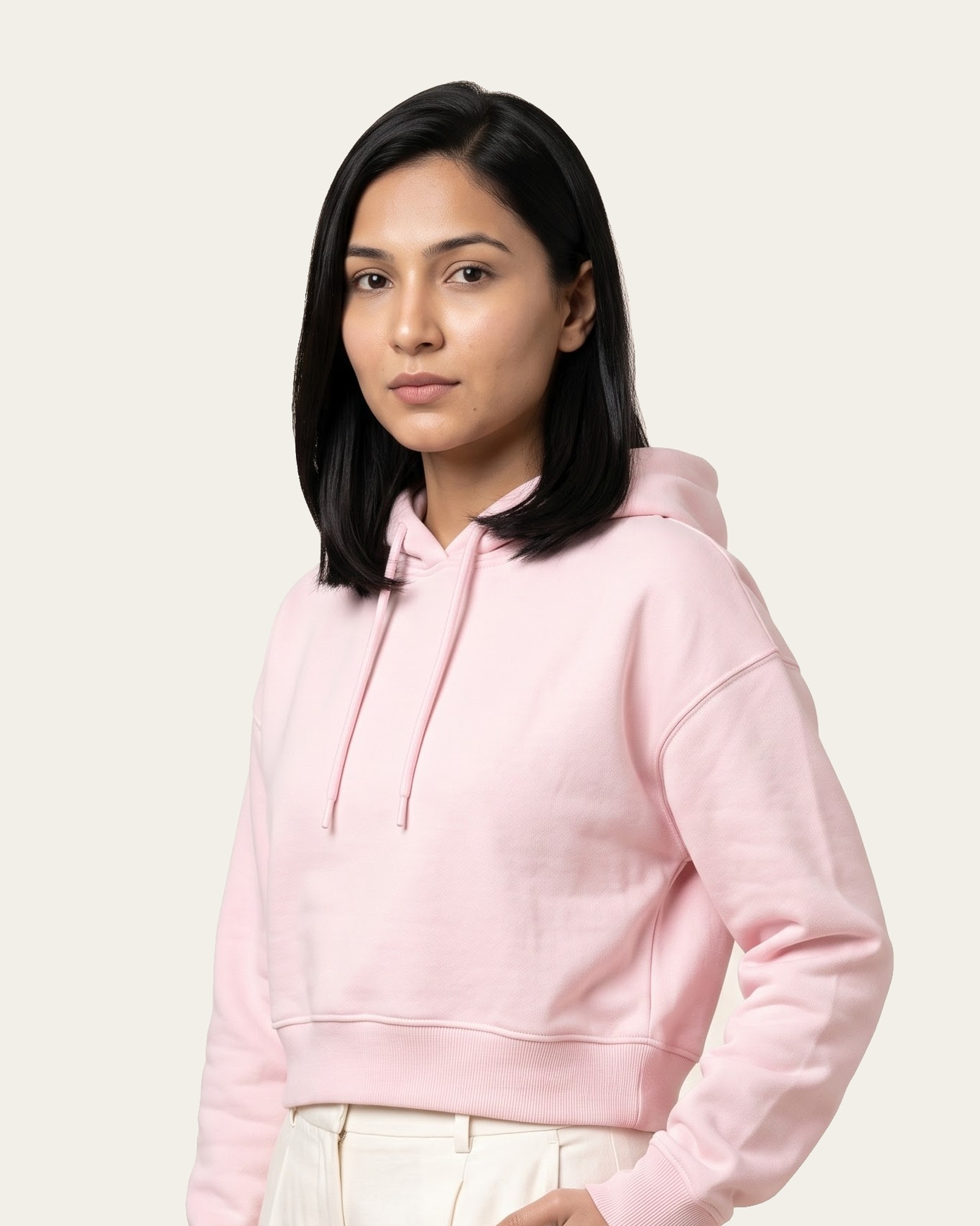 ORIGINAL cropped hoodie in Gulabi Pink, front, with light trousers