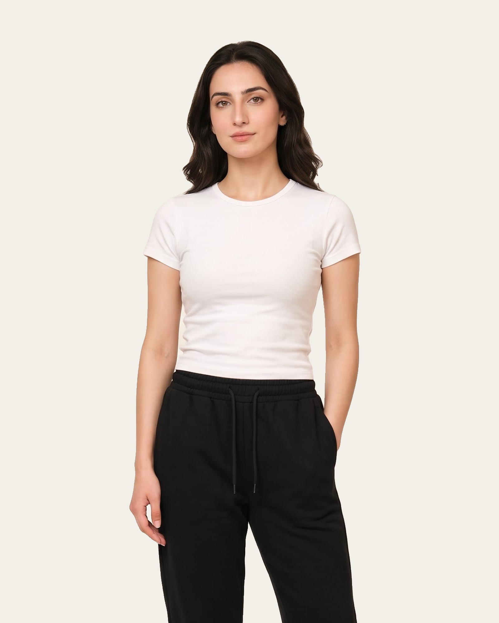 EASE sweatpants in Noor Black, worn by a model with a white tee