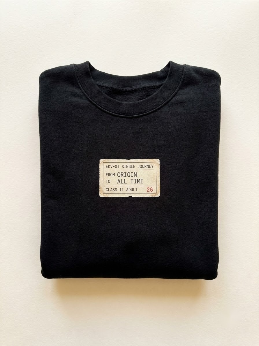 SINGLE JOURNEY sweatshirt in Noor Black, folded, showing the printed ticket
